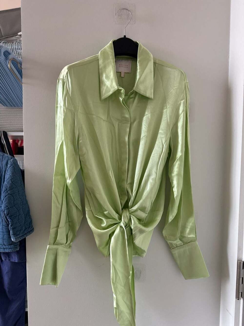 Galvan Escape High-Shine Satin Tie-Front Blouse in Sage Green